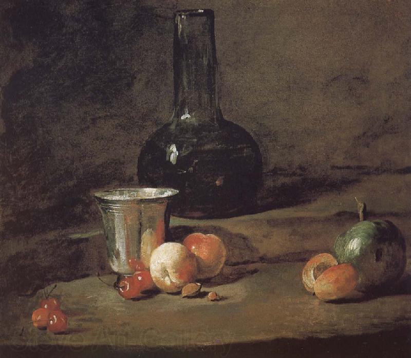 Jean Baptiste Simeon Chardin Wine glass bottles fitted five silver Cherry wine a two peach apricot, and a green apple France oil painting art